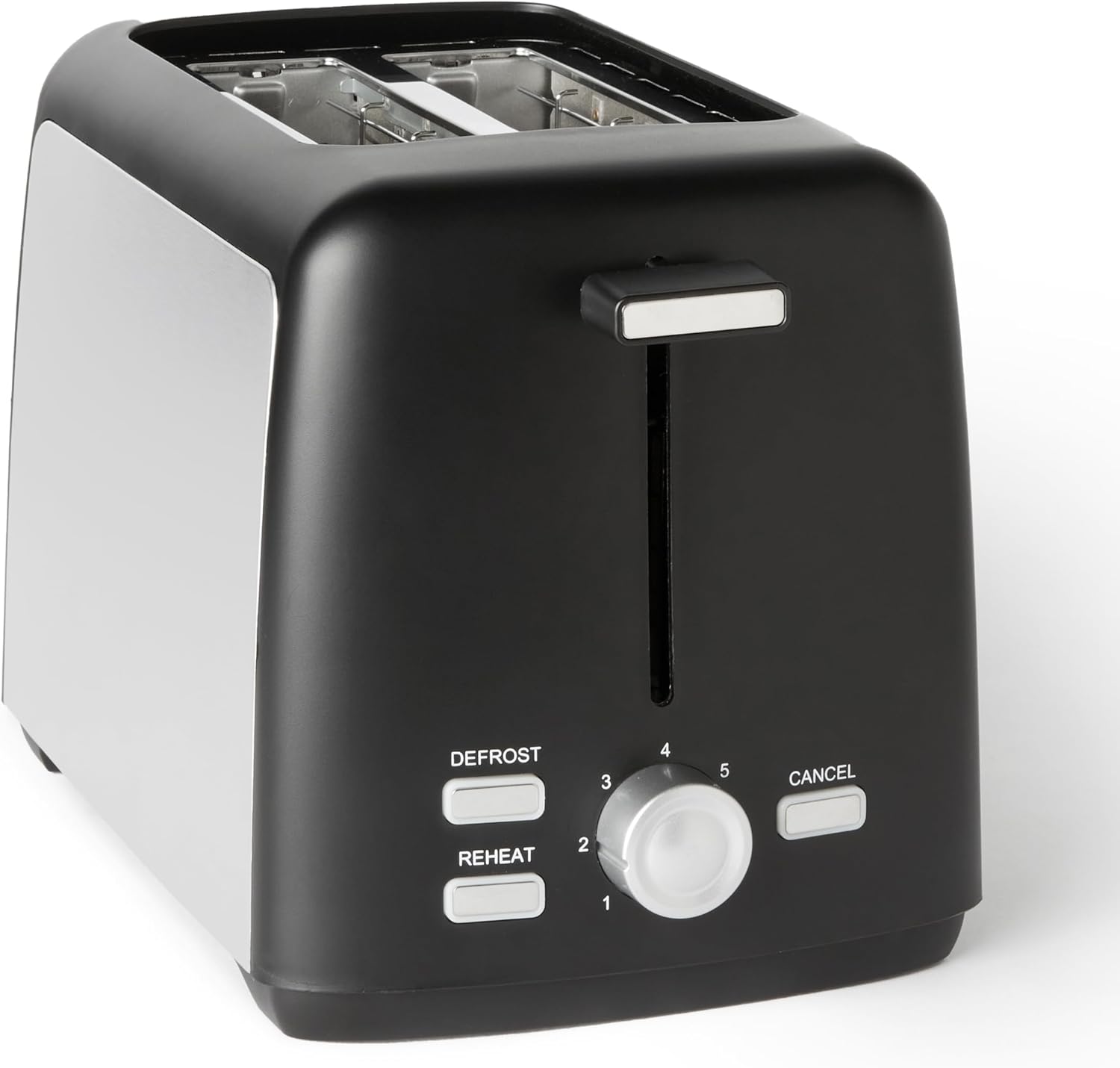 Prăjitor de pâine Amazon Basics cu 2 felii, 7 niveluri de rumenire și tavă detașabilă pentru firimituri, fante extra late, 800 W, negru