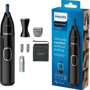 Philips NT5650/16 Aparat de tuns pentru nas și urechi, seria 5000, pentru părul din nas, urechi și sprâncene fără smulgere (cu pieptene pentru barbă și aparat de tuns de precizie), negru/gri