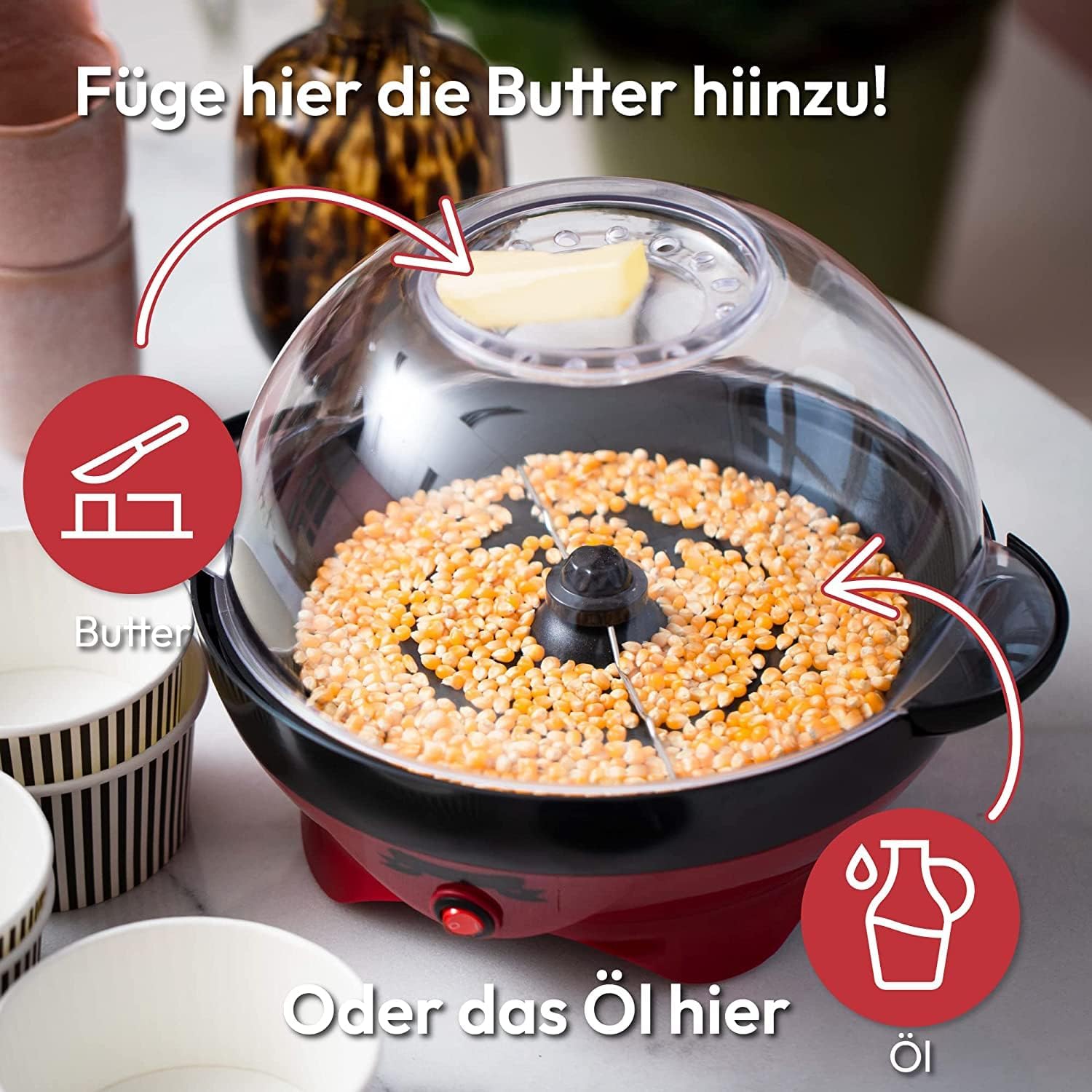 Aparat mare de popcorn Gadgy - Aparat de popcorn retro 5L - Aparat de popcorn cu înveliș antiaderent și placă de încălzire detașabilă - Aparat de popcorn roșu - Aparat de popcorn de 800W - Image 4
