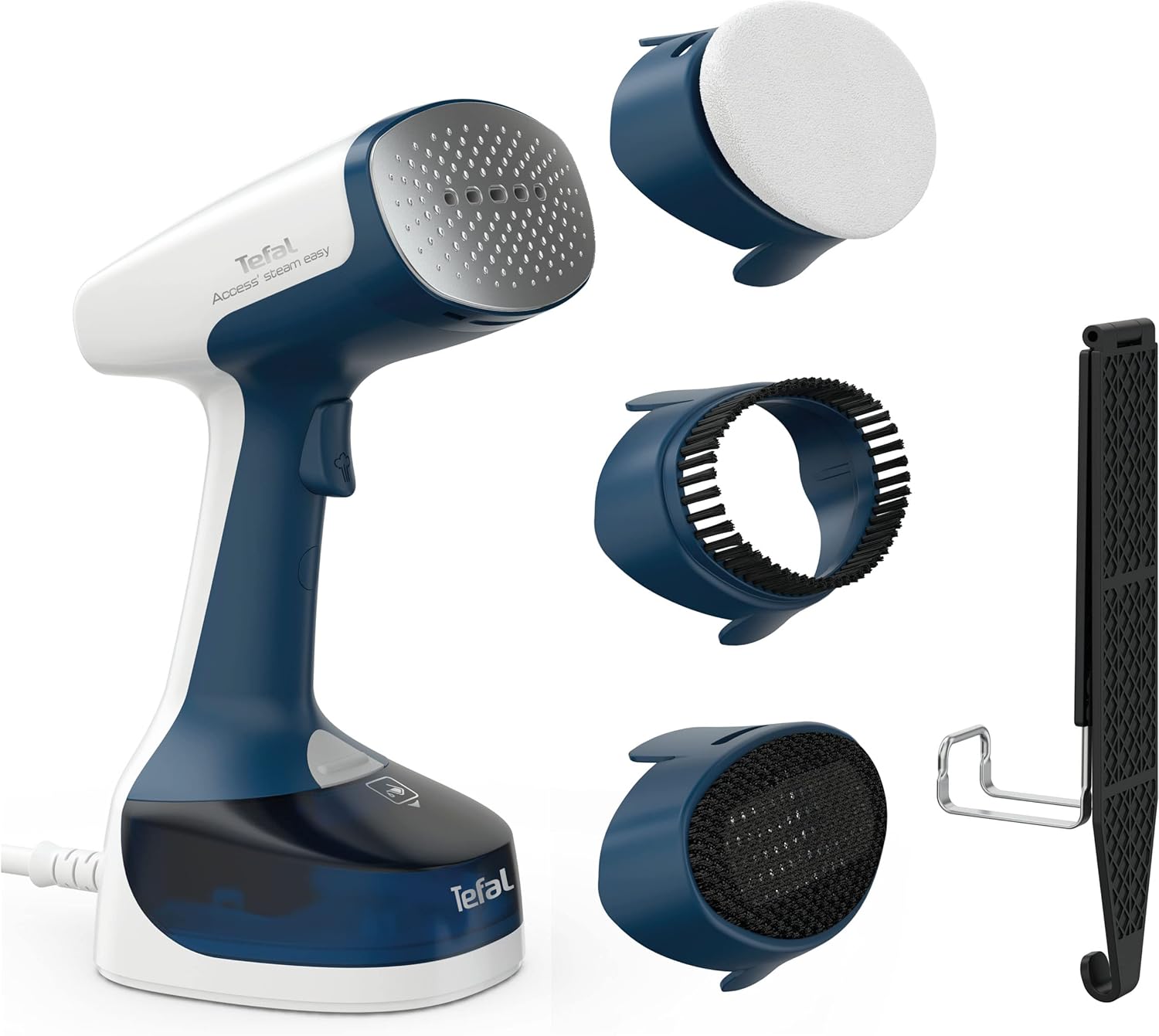 Perie cu abur Tefal Access Steam Easy DT7170, timp de încălzire 15 secunde, 1400 wați, până la 25 g/min, rezervor de apă 150 ml, aparat de călcat cu abur, abur 8 minute, cablu de alimentare 2,6 m, include accesorii, alb/albastru