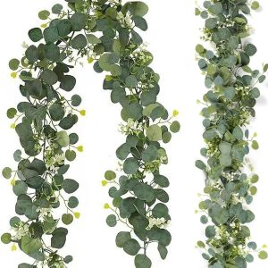 Ghirlandă de eucalipt, eucalipt artificial de 180 cm, decorațiune de eucalipt simulat, cârcei de flori de viță de vie din frunze de măr, cunună de eucalipt artificial, petrecere de nuntă, decorațiune cu plante verzi