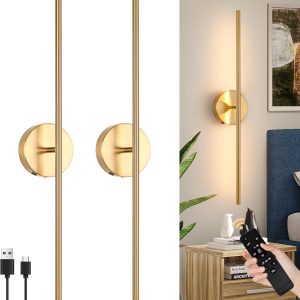 Lampă de perete cu baterie și telecomandă interioară, aplice wireless USB-C 10000 mAh cu intensitate reglabilă prin atingere, lampă de perete aurie fără conexiune la alimentare, potrivită pentru living, dormitor, 70 cm, pachet de 2