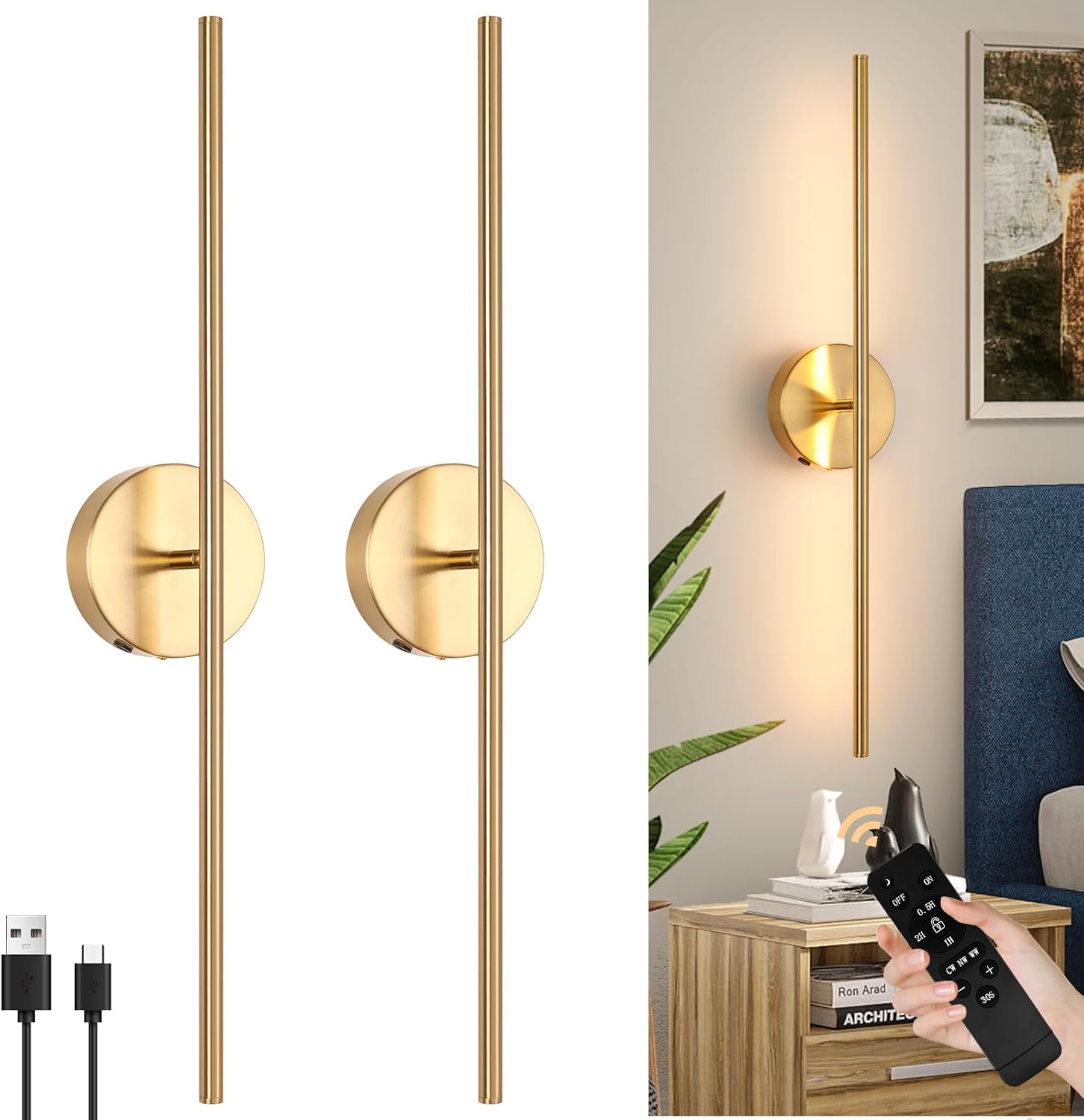 Lampă de perete cu baterie și telecomandă interioară, aplice wireless USB-C 10000 mAh cu intensitate reglabilă prin atingere, lampă de perete aurie fără conexiune la alimentare, potrivită pentru living, dormitor, 70 cm, pachet de 2