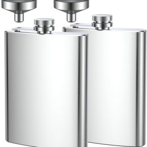 Set de 2 flascuri de șold din oțel inoxidabil, fabricate din oțel inoxidabil 304, pentru whisky, rom, vodcă, potrivite pentru drumeții și petreceri (8 oz. 220 ml), argintiu