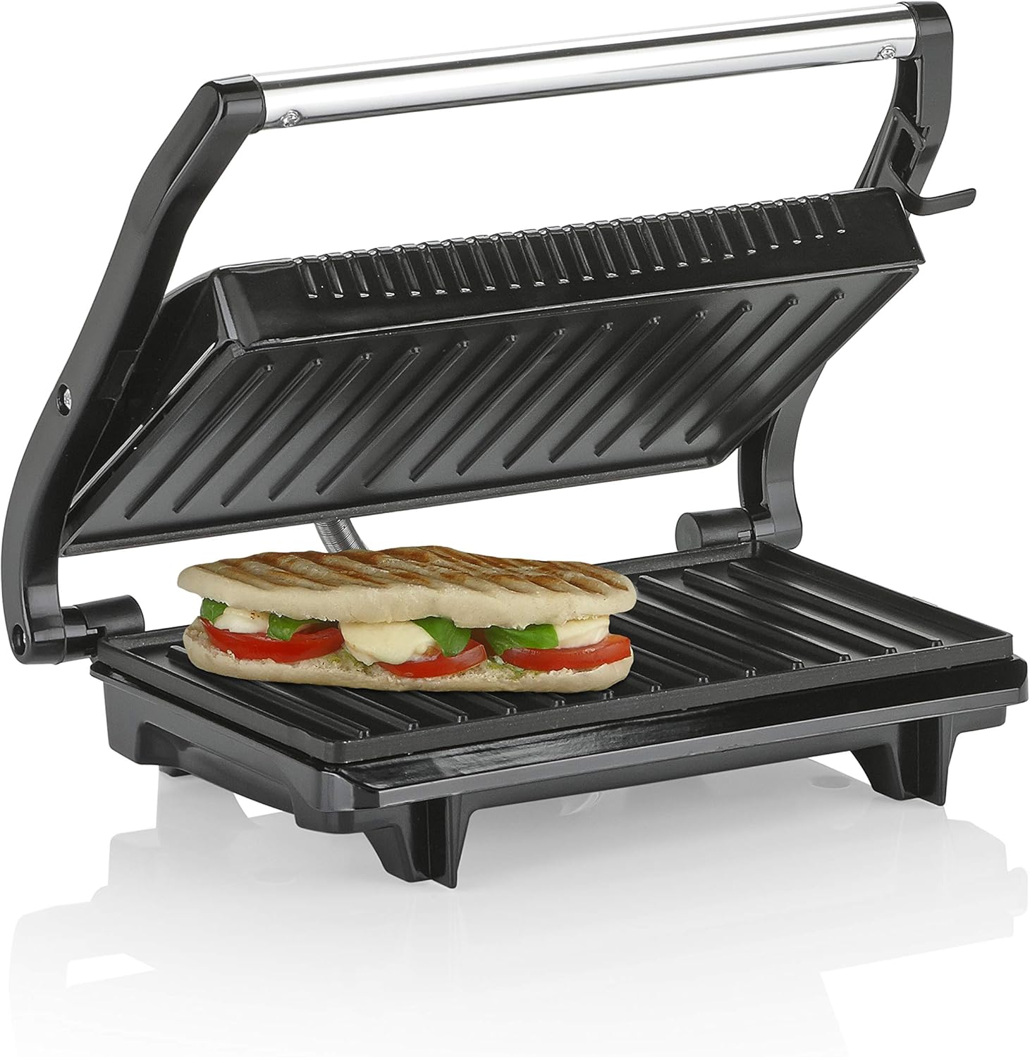 Tristar Contact Grill GR-2846, Aparat de gătit sandwich cu design din oțel inoxidabil, 700 wați, lungime cablu 0,7 m, strat antiaderent, mânere izolate